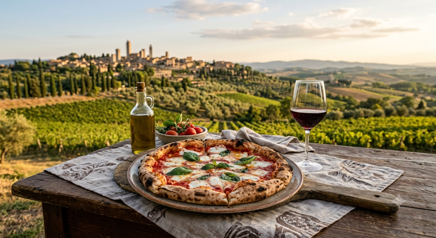 Frisch gebackene Pizza mit Tomaten, Mozzarella und Basilikum, dahinter Olivenhaine und ein toskanisches Dorf